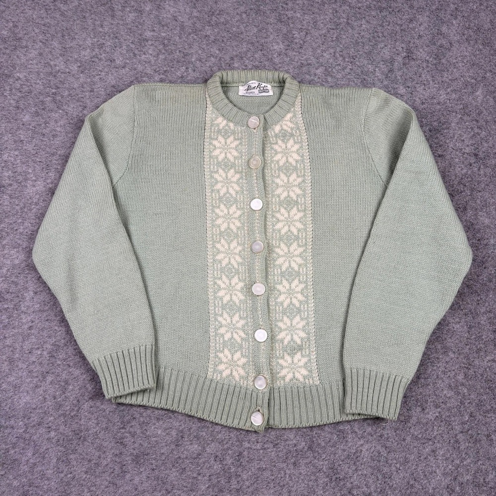 Alice Kaye Cardigan Womens S Sage Green Vintage 60s Virgin Wool Fair Isle Retro